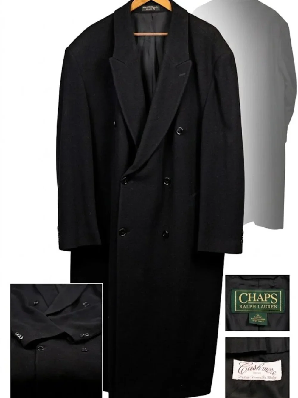 Chaps Mens Black Cashmere Blend Italian Fabric Double Breasted Overcoat 48R